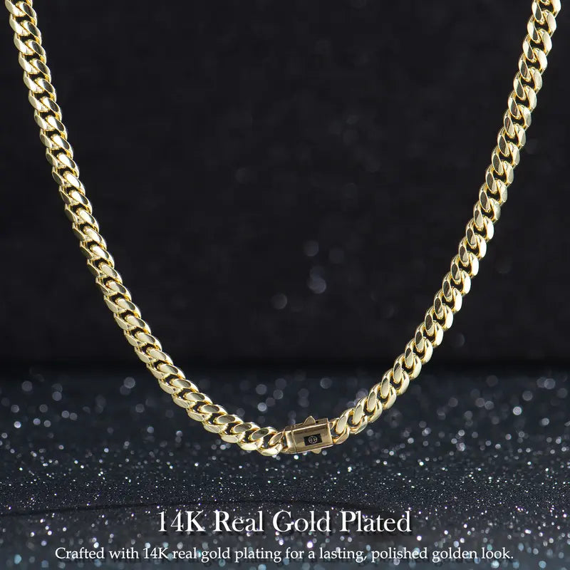 14K Real Gold-Plated Classic Cuban Necklace, Hypoallergenic Link Chain for Men & Women