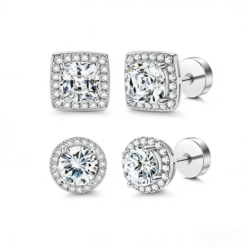 Luxury 4-Pack Zircon Stud Earring Stack - Hypoallergenic Round and Square Gold/Silver Jewelry