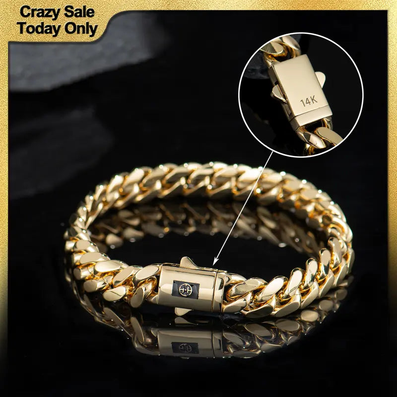 14K Real Gold-Plated Royal Monaco Cuban Bracelet, Italian Style Jewelry for Men and Women