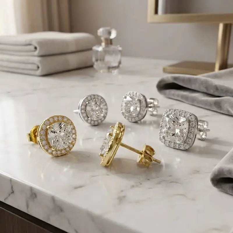 Luxury 4-Pack Zircon Stud Earring Stack - Hypoallergenic Round and Square Gold/Silver Jewelry