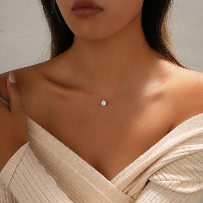 Sparkling CZ Pendant Necklace - 39cm Transparent Cord Adjustable Minimalist Choker for Women