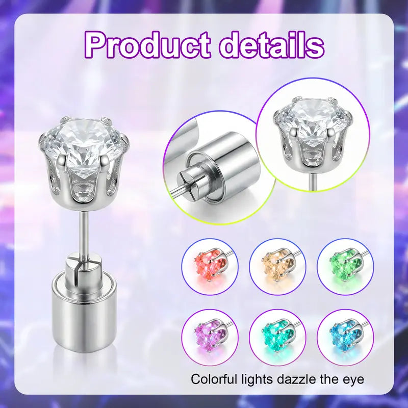 LED Light Up Stud Earrings, Glowing Diamond Crown Pendant Jewelry for Women and Men