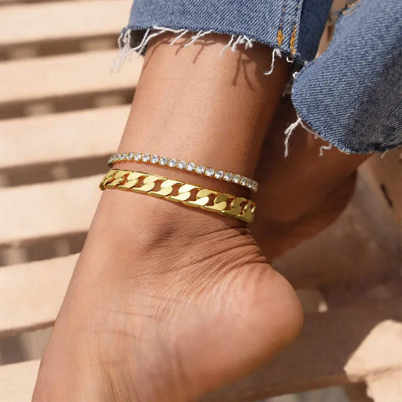 14K Gold-Plated Cuban Link Anklet - 9in/11in Adjustable Chunky Brick Foot Jewelry