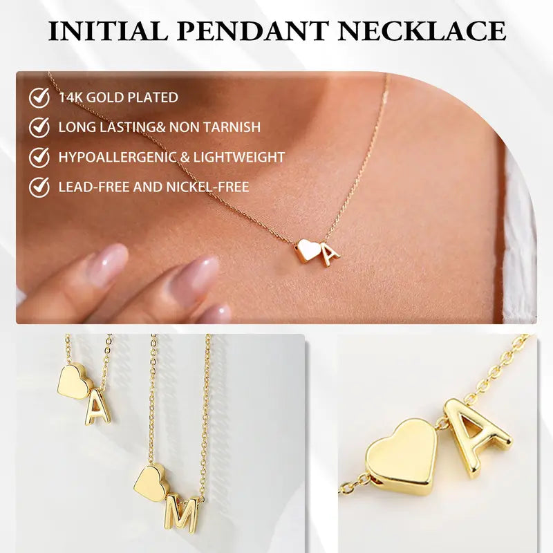 Dainty Golden Heart Initial Necklace - A-Z Letter Tag Pendant Jewelry for Women