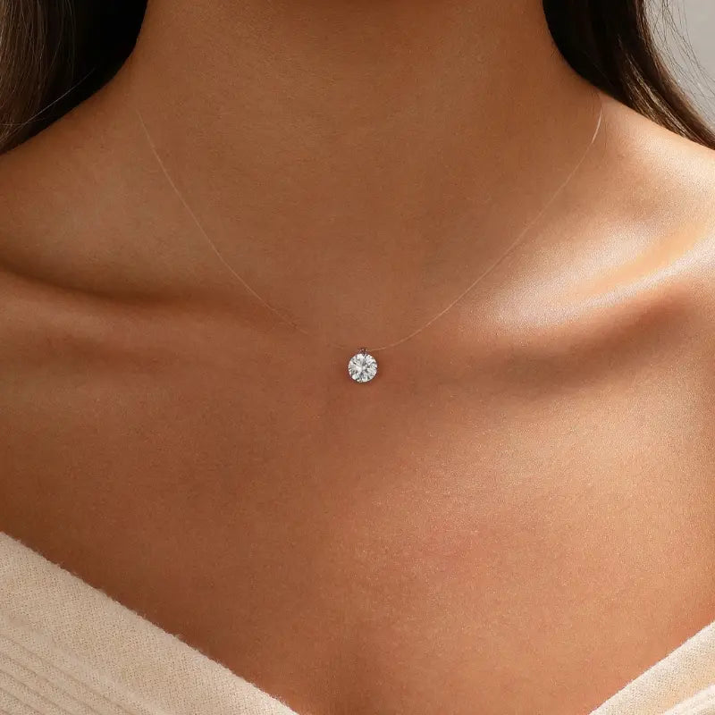 Sparkling CZ Pendant Necklace - 39cm Transparent Cord Adjustable Minimalist Choker for Women