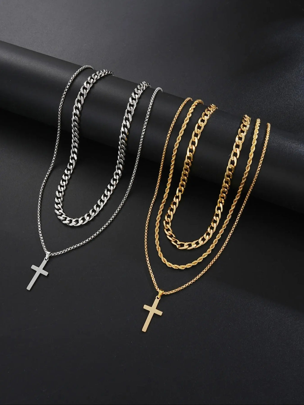 Men's Stainless Steel Punk Cross Pendant Necklace, Bracelet, and Ring Jewelry Set