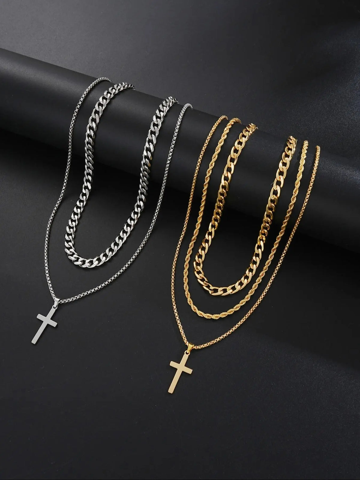 Men's Stainless Steel Punk Cross Pendant Necklace, Bracelet, and Ring Jewelry Set