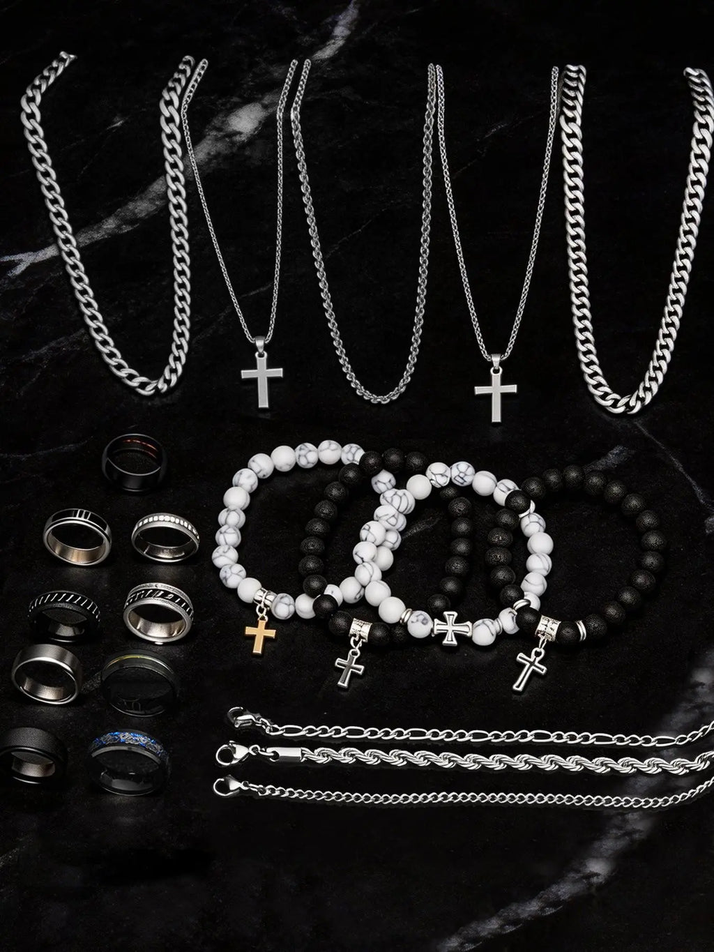 Men's Stainless Steel Punk Cross Pendant Necklace, Bracelet, and Ring Jewelry Set