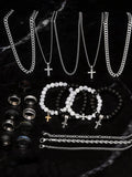Men's Stainless Steel Punk Cross Pendant Necklace, Bracelet, and Ring Jewelry Set