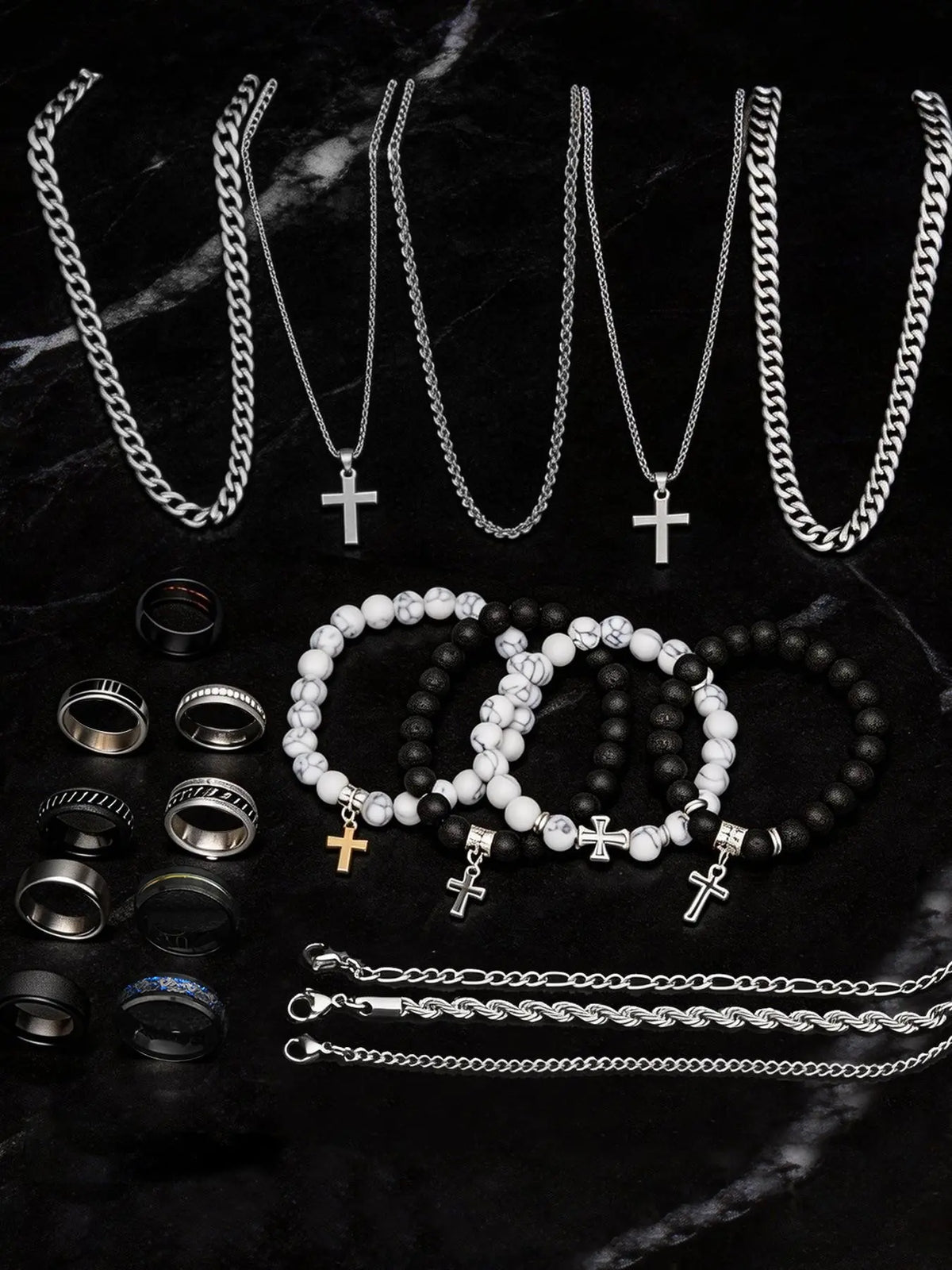 Men's Stainless Steel Punk Cross Pendant Necklace, Bracelet, and Ring Jewelry Set