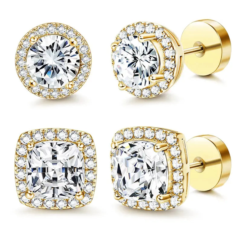 Luxury 4-Pack Zircon Stud Earring Stack - Hypoallergenic Round and Square Gold/Silver Jewelry