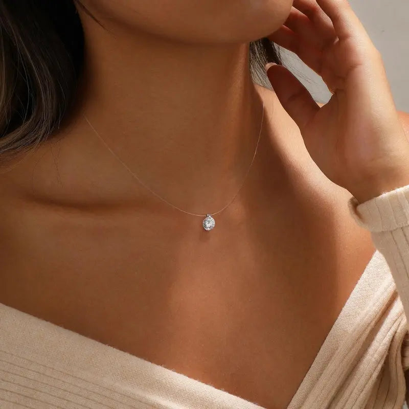 Sparkling CZ Pendant Necklace - 39cm Transparent Cord Adjustable Minimalist Choker for Women