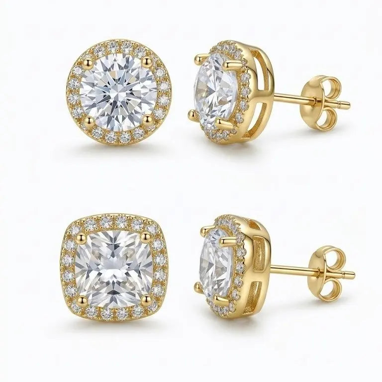 Luxury 4-Pack Zircon Stud Earring Stack - Hypoallergenic Round and Square Gold/Silver Jewelry