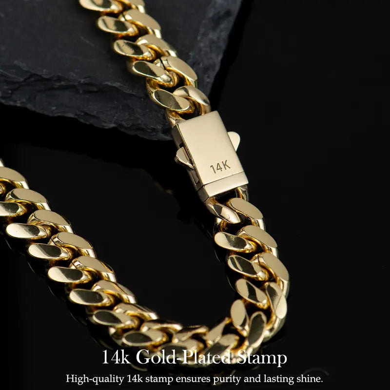 14K Real Gold-Plated Royal Monaco Cuban Bracelet, Italian Style Jewelry for Men and Women