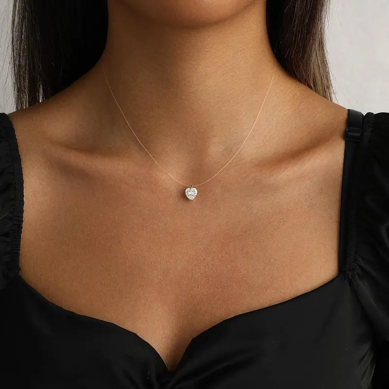 Sparkling CZ Pendant Necklace - 39cm Transparent Cord Adjustable Minimalist Choker for Women