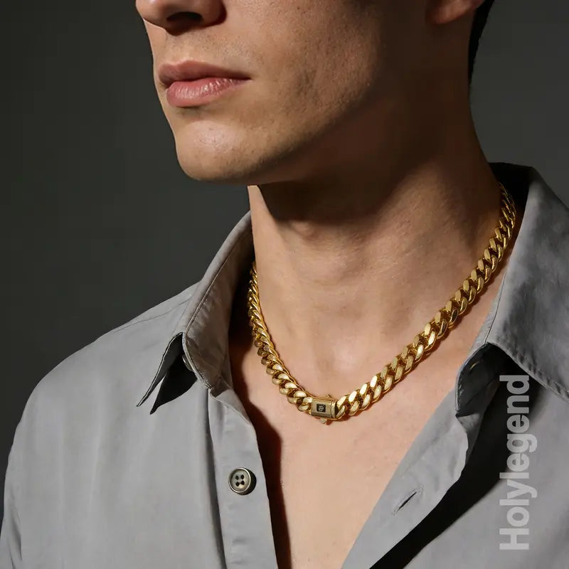 14K Real Gold-Plated Classic Cuban Necklace, Hypoallergenic Link Chain for Men & Women