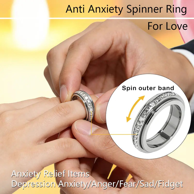 Titanium Steel Spinner Fidget Rings with Cubic Zirconia for Stress Relief