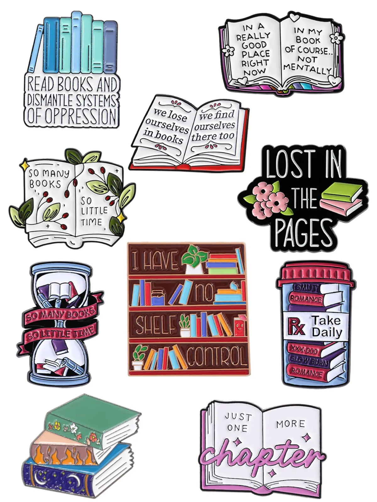 10-Piece Book Lover Pin Set with Bookshelf, Hourglass, and Unique Reading Quote Designs