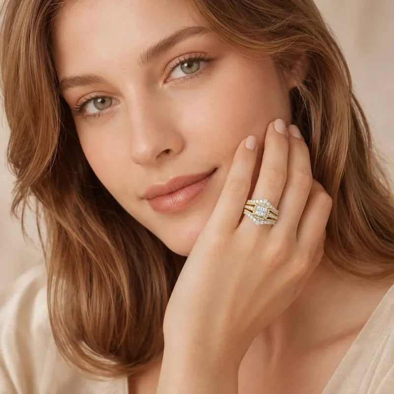 18K Gold Plated Princess Cut Ring Set, 3-Piece Cubic Zirconia Halo Engagement Ring with Stackable Bands