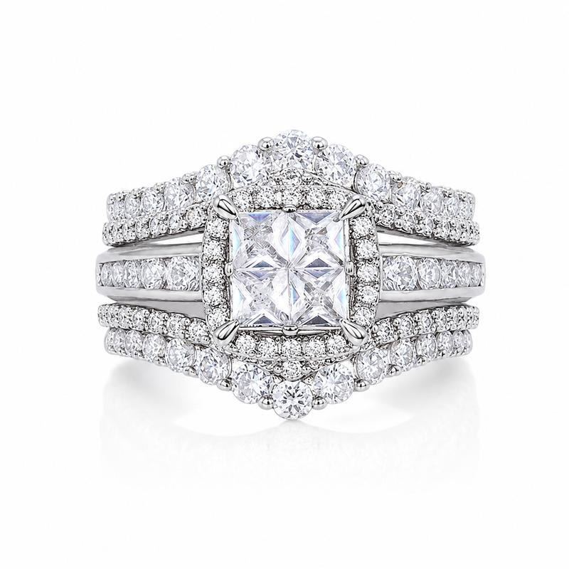 18K Gold Plated Princess Cut Ring Set, 3-Piece Cubic Zirconia Halo Engagement Ring with Stackable Bands