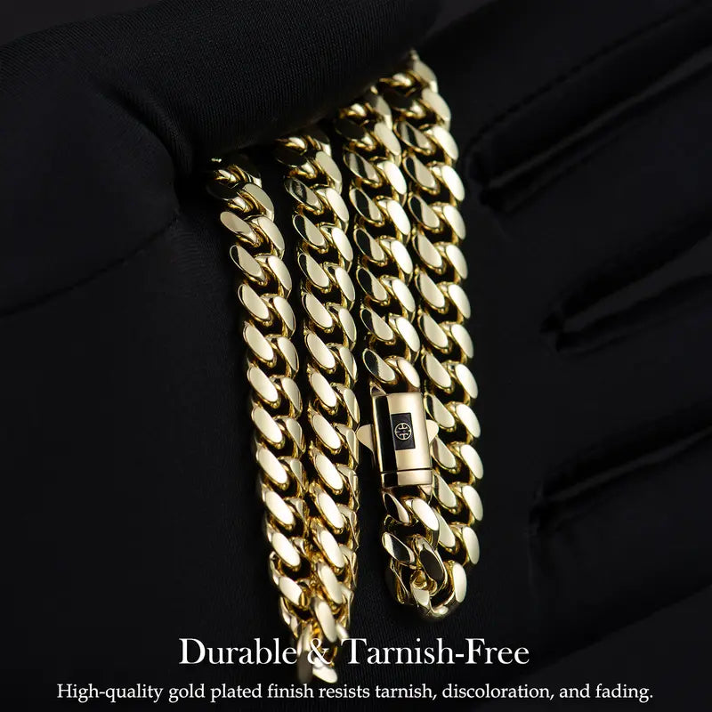 14K Real Gold-Plated Classic Cuban Necklace, Hypoallergenic Link Chain for Men & Women