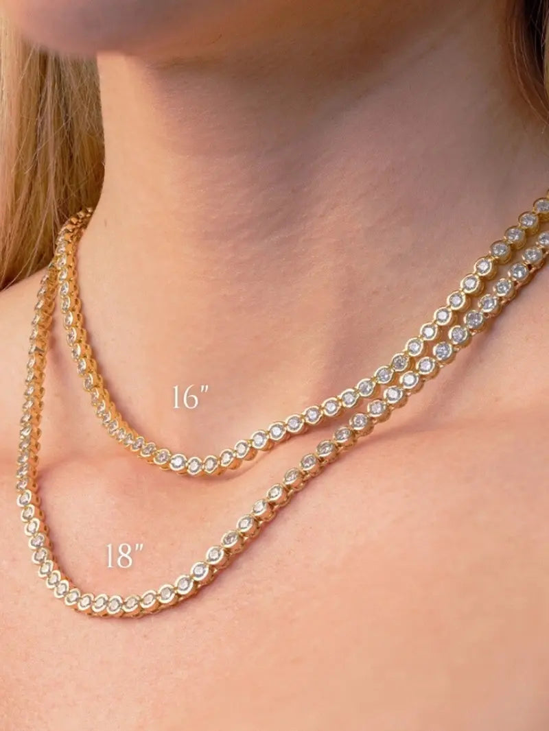 Helene Bezel CZ Tennis Necklace, 3mm Classic & 5mm Statement, Adjustable Size for Any Occasion