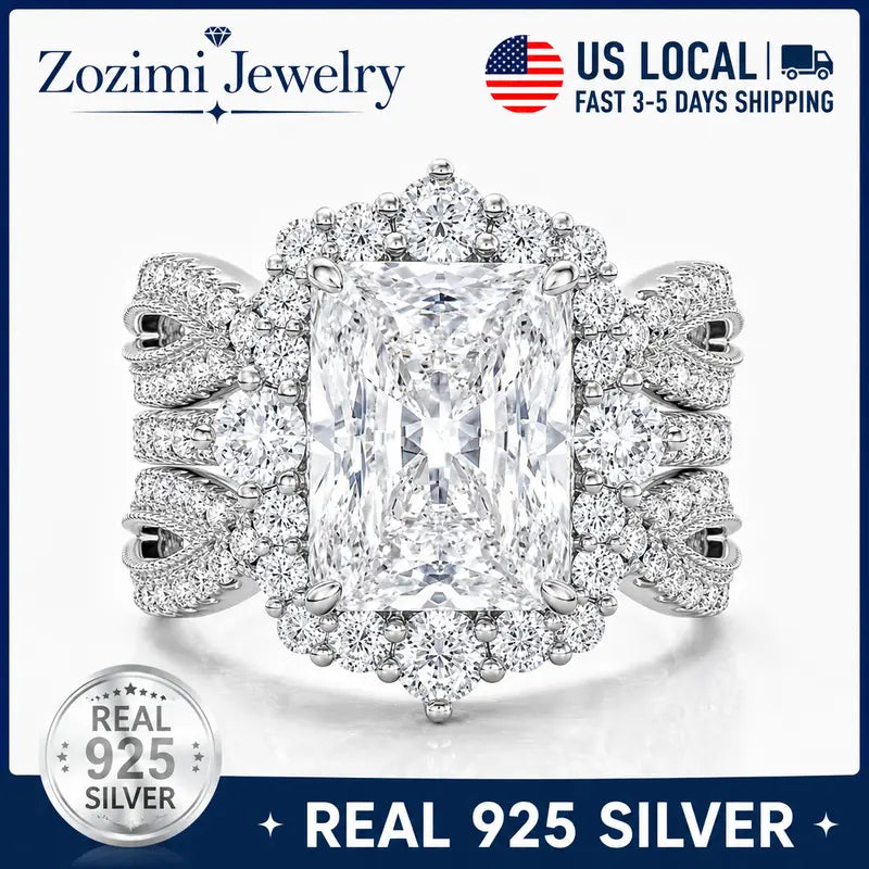 S925 Sterling Silver 5.2CT Radiant Cut Engagement Ring Set, Luxury 5A Cubic Zirconia Halo Bridal Jewelry
