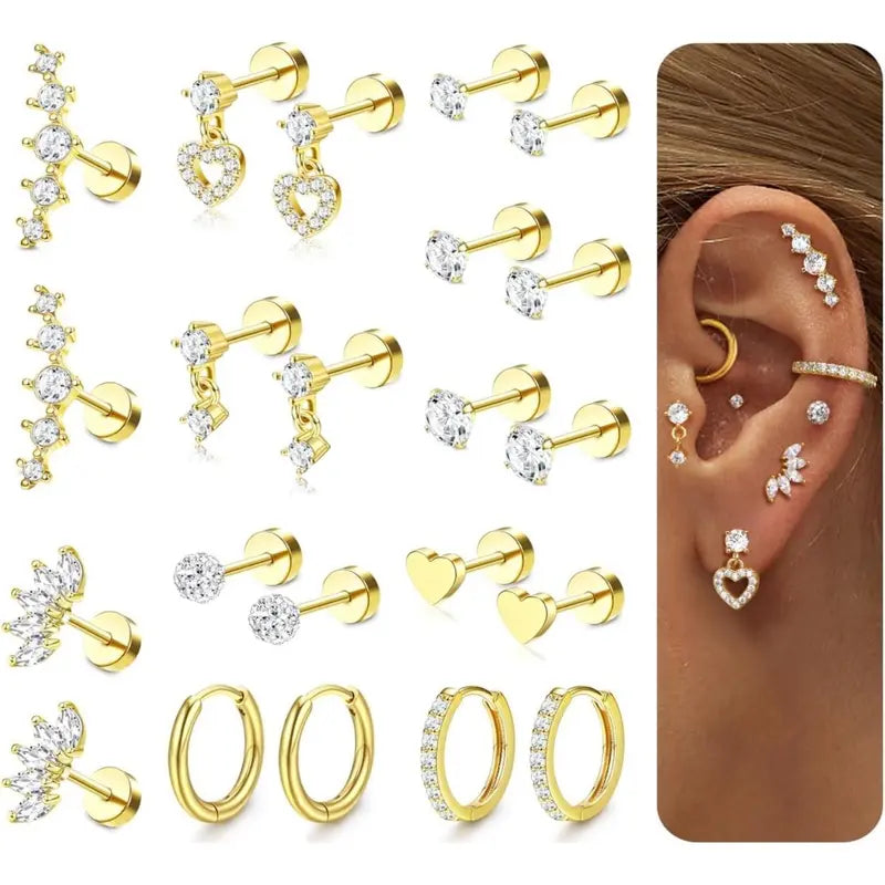 11 Pairs Flat Back Earrings Stack for Women, 20G Surgical Stainless Steel Piercing Jewelry Set