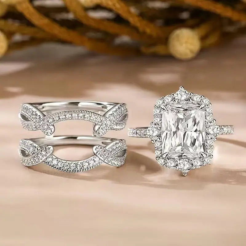 S925 Sterling Silver 5.2CT Radiant Cut Engagement Ring Set, Luxury 5A Cubic Zirconia Halo Bridal Jewelry