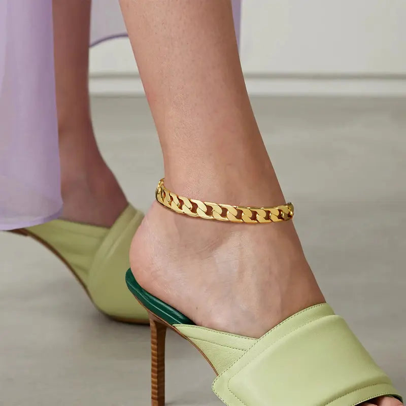 14K Gold-Plated Cuban Link Anklet - 9in/11in Adjustable Chunky Brick Foot Jewelry