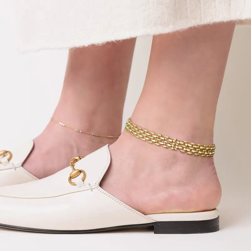 14K Gold-Plated Cuban Link Anklet - 9in/11in Adjustable Chunky Brick Foot Jewelry