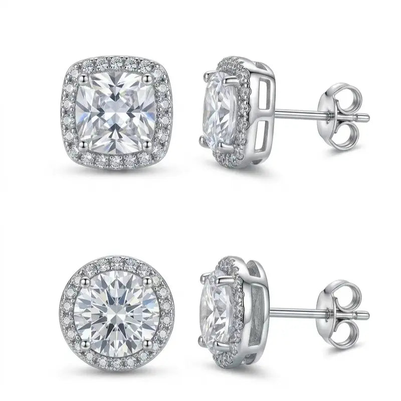 Luxury 4-Pack Zircon Stud Earring Stack - Hypoallergenic Round and Square Gold/Silver Jewelry