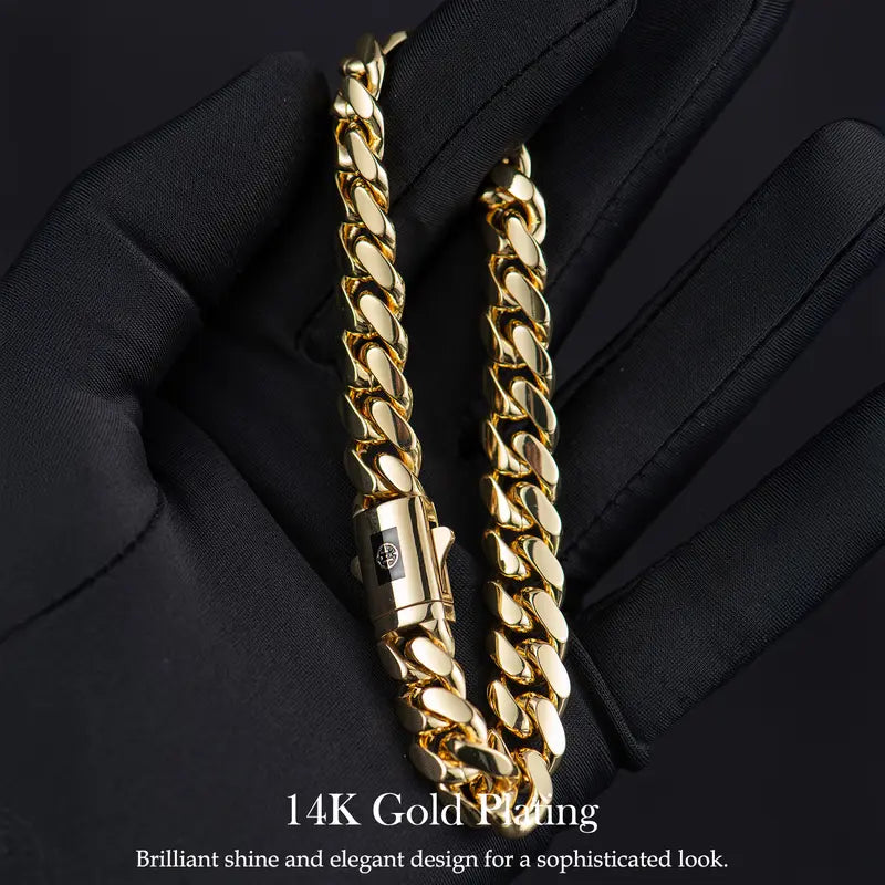 14K Real Gold-Plated Royal Monaco Cuban Bracelet, Italian Style Jewelry for Men and Women