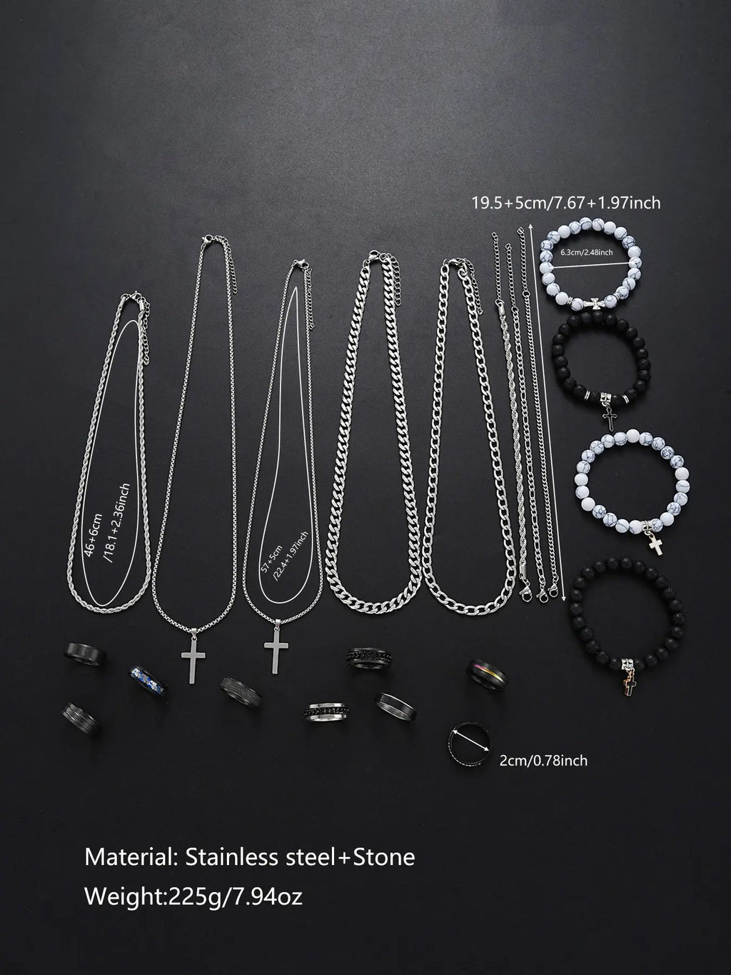 Men's Stainless Steel Punk Cross Pendant Necklace, Bracelet, and Ring Jewelry Set