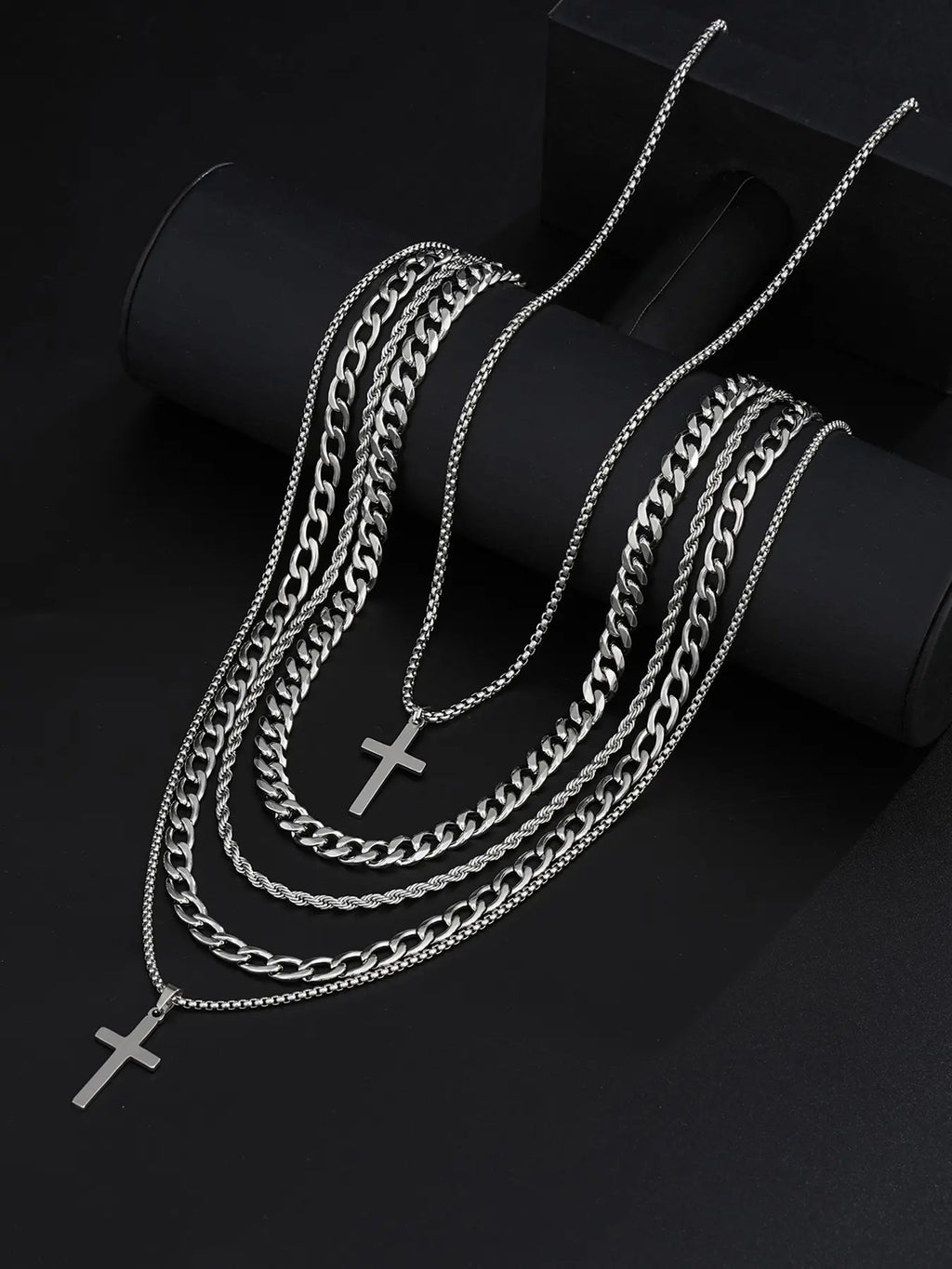 Men's Stainless Steel Punk Cross Pendant Necklace, Bracelet, and Ring Jewelry Set