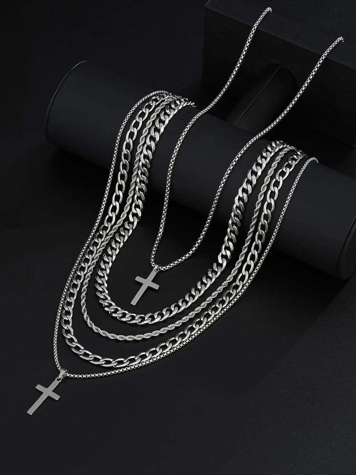 Men's Stainless Steel Punk Cross Pendant Necklace, Bracelet, and Ring Jewelry Set