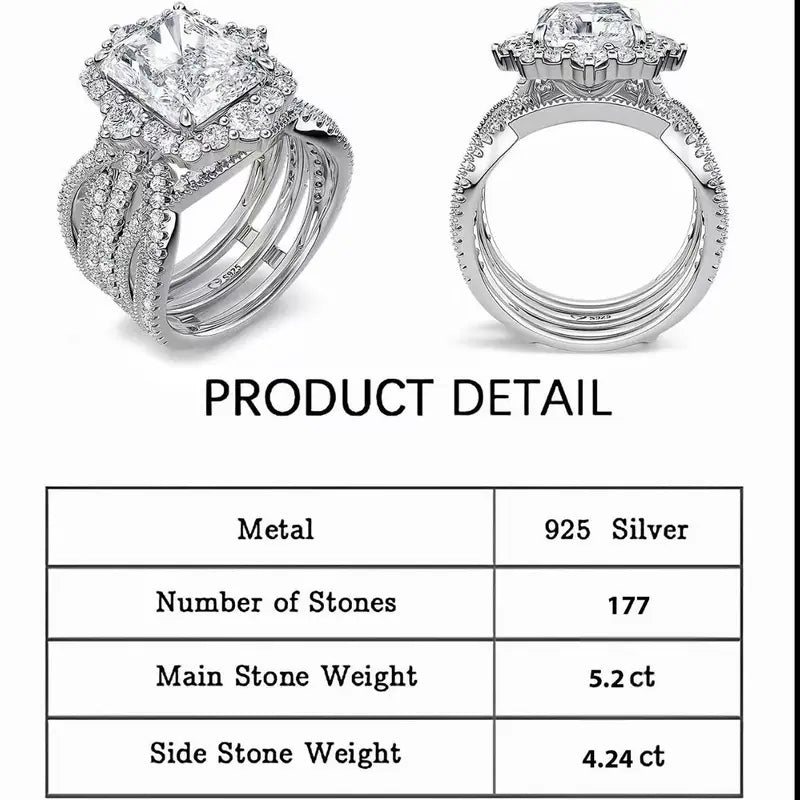 S925 Sterling Silver 5.2CT Radiant Cut Engagement Ring Set, Luxury 5A Cubic Zirconia Halo Bridal Jewelry