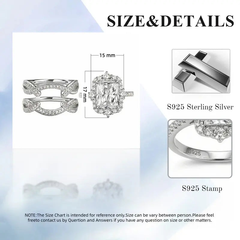 S925 Sterling Silver 5.2CT Radiant Cut Engagement Ring Set, Luxury 5A Cubic Zirconia Halo Bridal Jewelry