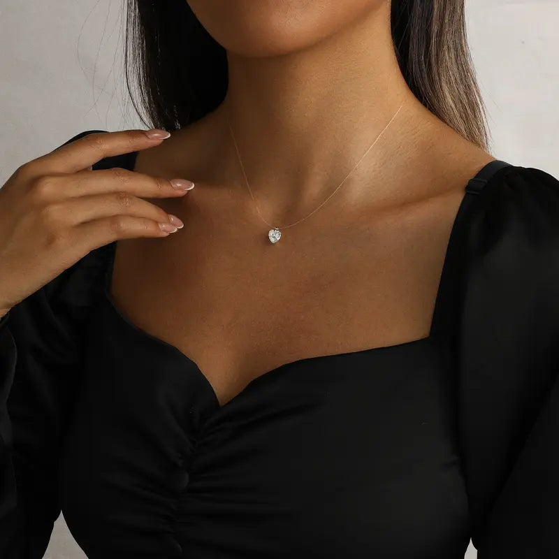 Sparkling CZ Pendant Necklace - 39cm Transparent Cord Adjustable Minimalist Choker for Women