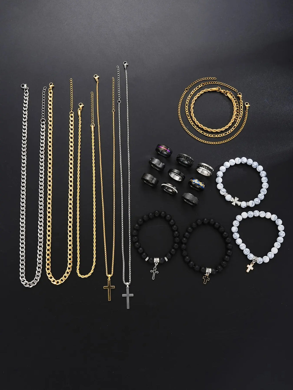 Men's Stainless Steel Punk Cross Pendant Necklace, Bracelet, and Ring Jewelry Set