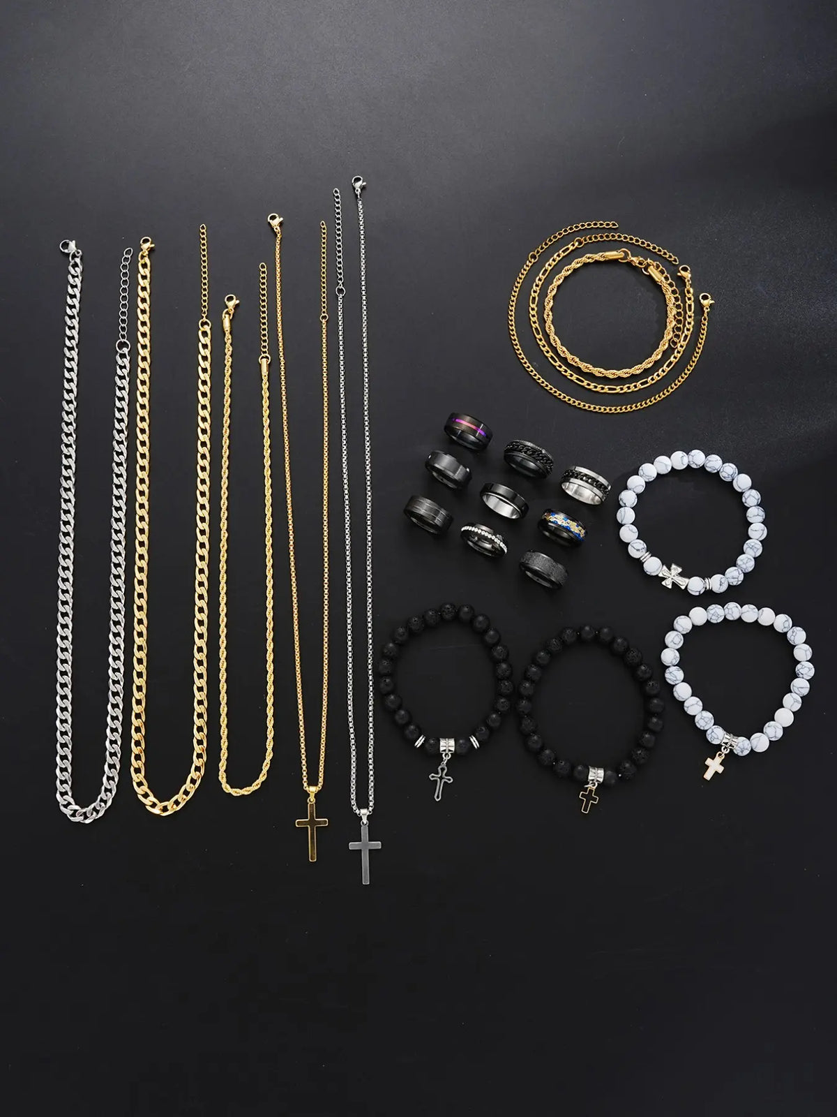 Men's Stainless Steel Punk Cross Pendant Necklace, Bracelet, and Ring Jewelry Set