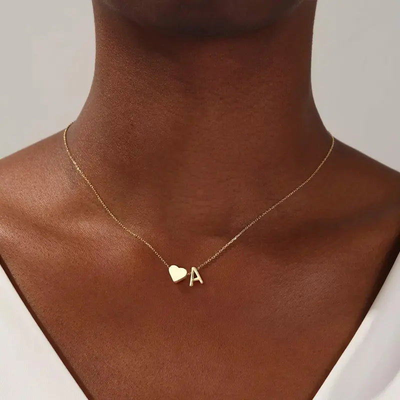 Dainty Golden Heart Initial Necklace - A-Z Letter Tag Pendant Jewelry for Women
