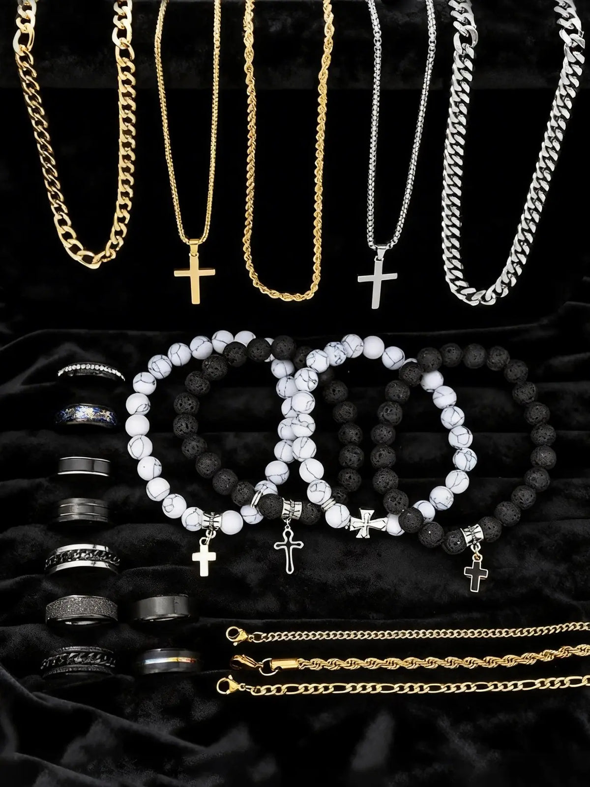 Men's Stainless Steel Punk Cross Pendant Necklace, Bracelet, and Ring Jewelry Set