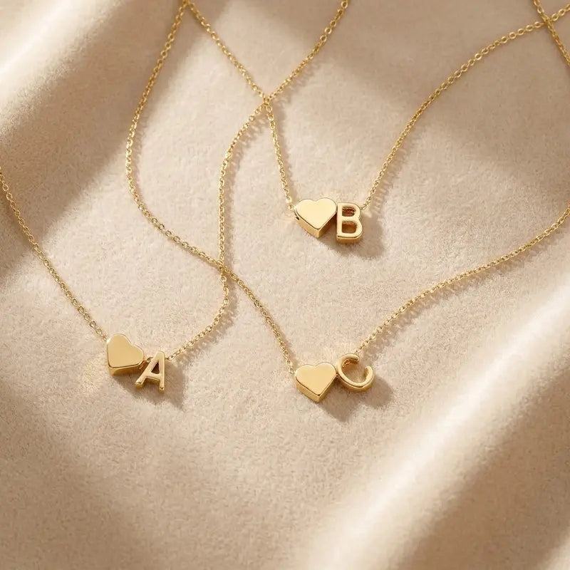 Dainty Golden Heart Initial Necklace - A-Z Letter Tag Pendant Jewelry for Women