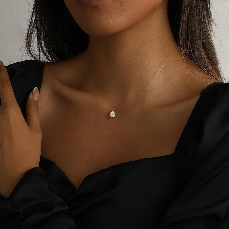 Sparkling CZ Pendant Necklace - 39cm Transparent Cord Adjustable Minimalist Choker for Women