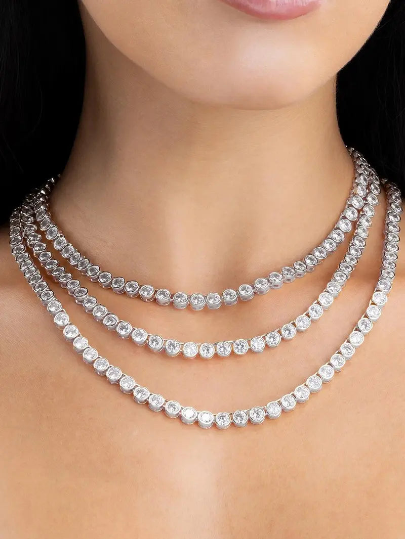 Helene Bezel CZ Tennis Necklace, 3mm Classic & 5mm Statement, Adjustable Size for Any Occasion