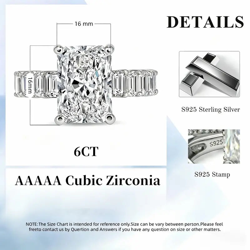 S925 Sterling Silver 6CT Radiant Cut Engagement Ring, Luxury 5A Cubic Zirconia Eternity Band