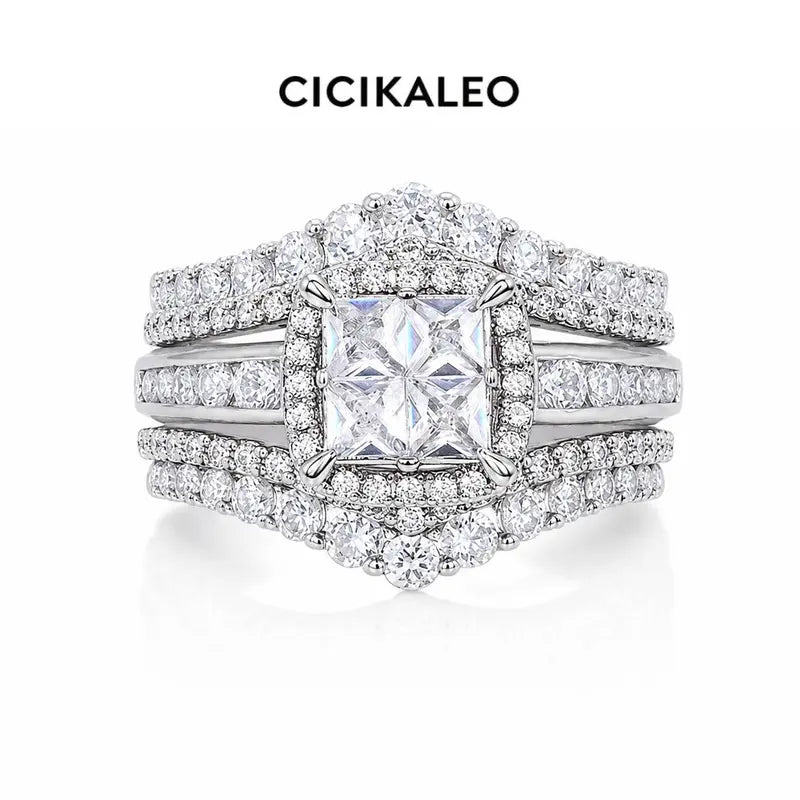 18K Gold Plated Princess Cut Ring Set, 3-Piece Cubic Zirconia Halo Engagement Ring with Stackable Bands