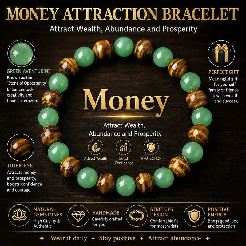 Money Attraction Bracelet with Green Aventurine & Tiger Eye, Wealth Amulet Gift