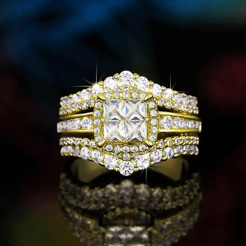 18K Gold Plated Princess Cut Ring Set, 3-Piece Cubic Zirconia Halo Engagement Ring with Stackable Bands